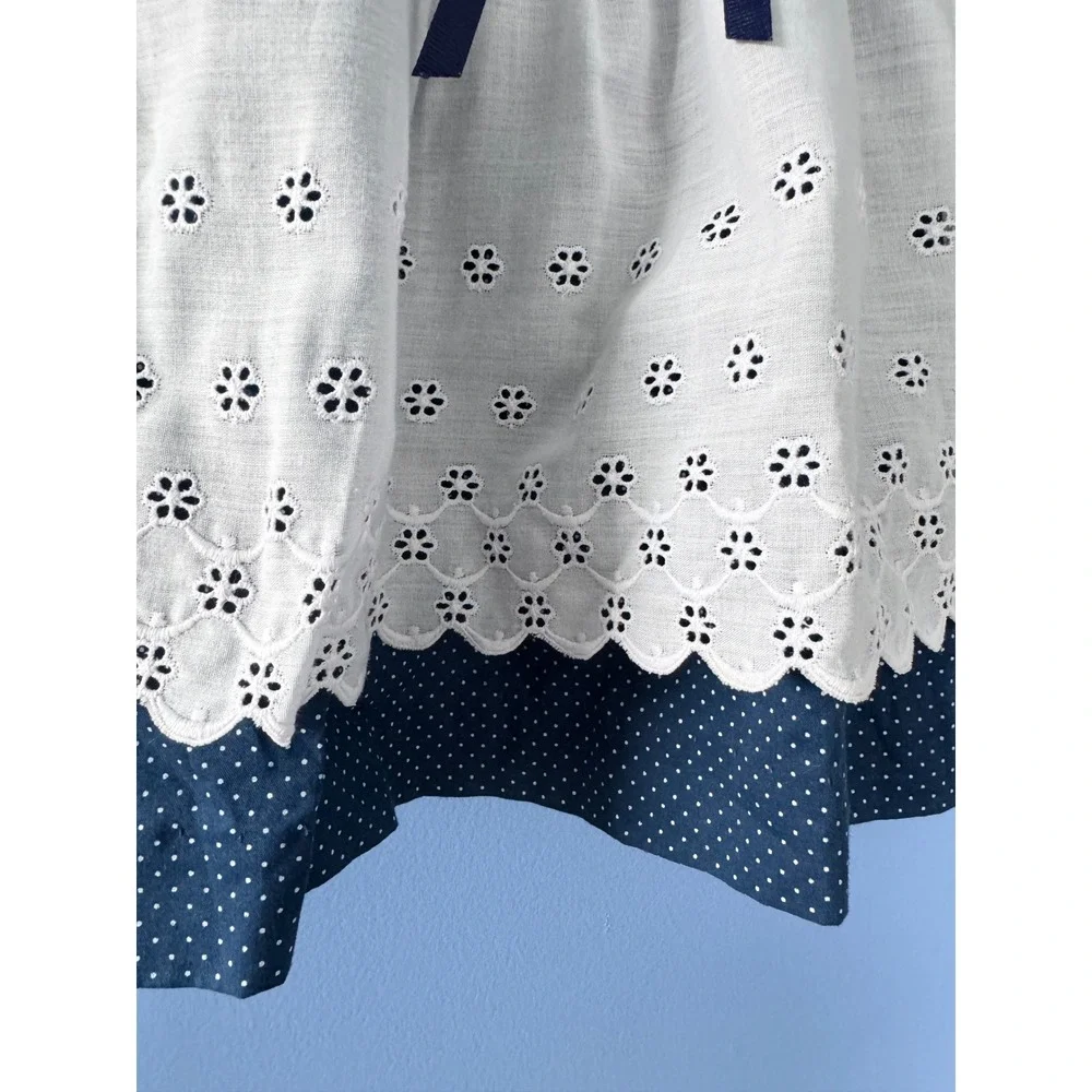 Vintage Alexis Girls Navy Blue Polka Dot Eyelet Lace Dress 18 Months Made in USA